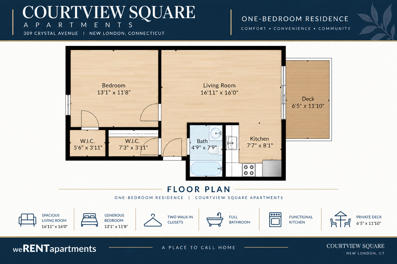 One-bedroom floor plan showing a living room, kitchen, bathroom, two walk-in closets and private deck